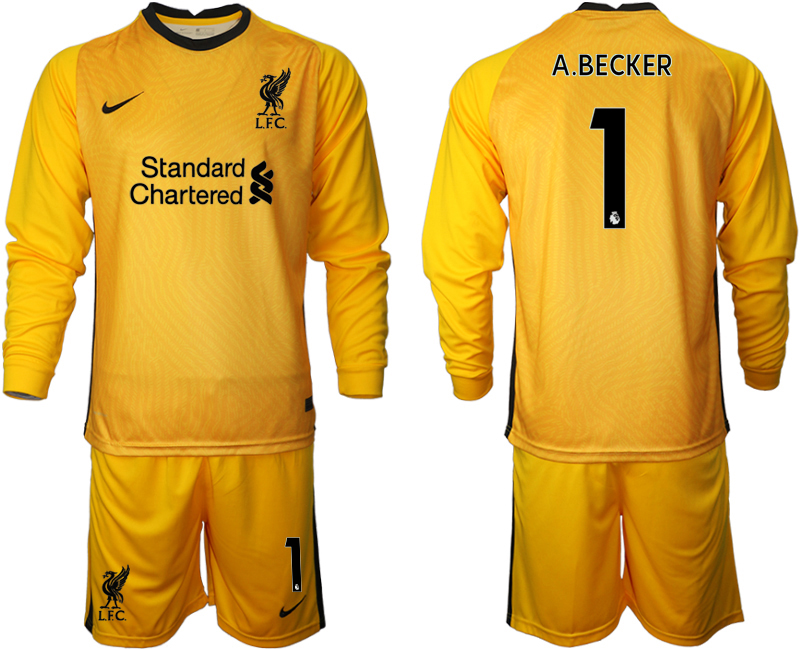 2021 Men Liverpool yellow goalkeeper long sleeve #1 soccer jerseys